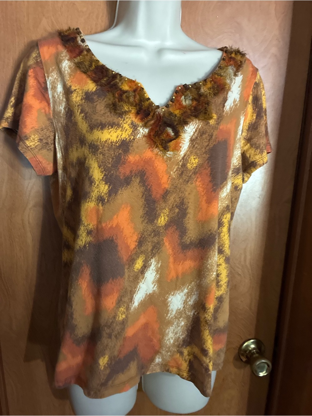 Ruby Rd. Short Sleeve V-Neck Top in Orange, Brown and Cream